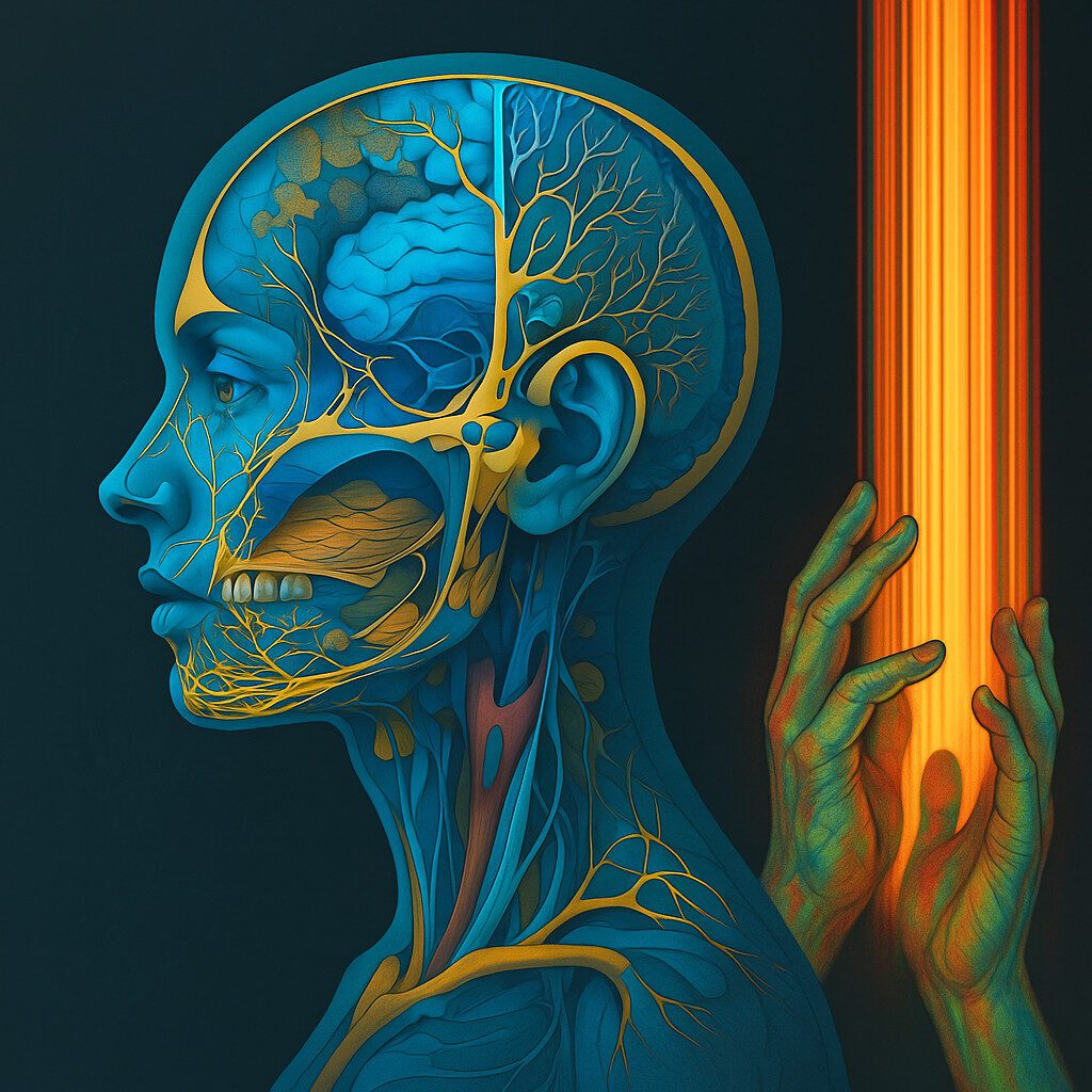 Digitales Porträt im Stil von Dr. Bertil Leidner: Anatomische Seitenansicht eines menschlichen Kopfes mit Nerven, Gefäßen und Gehirnstrukturen, daneben stilisierte Hände vor leuchtenden Farbstrahlen