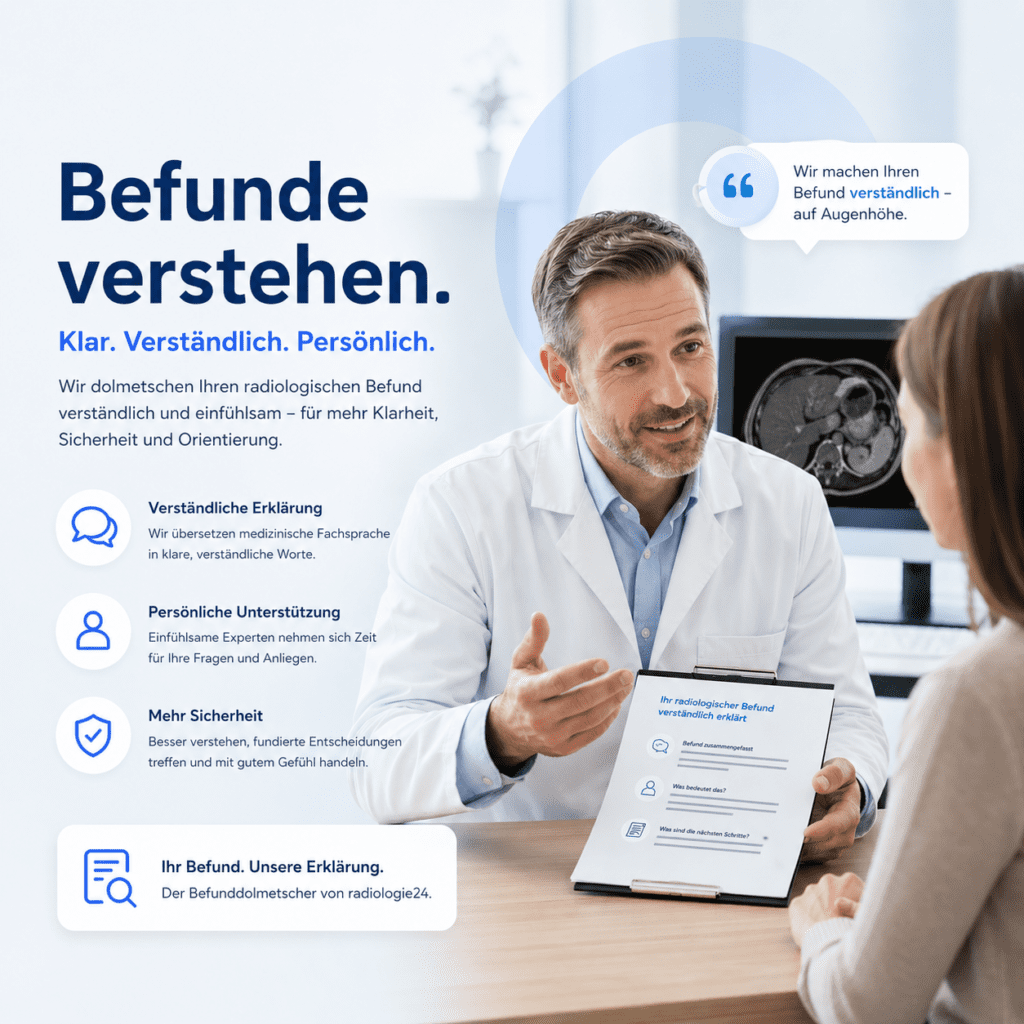 Radiologe erklärt verständlich einen Befund im Gespräch mit Patientin vor Befundmonitor – Befunddolmetscher radiologie24