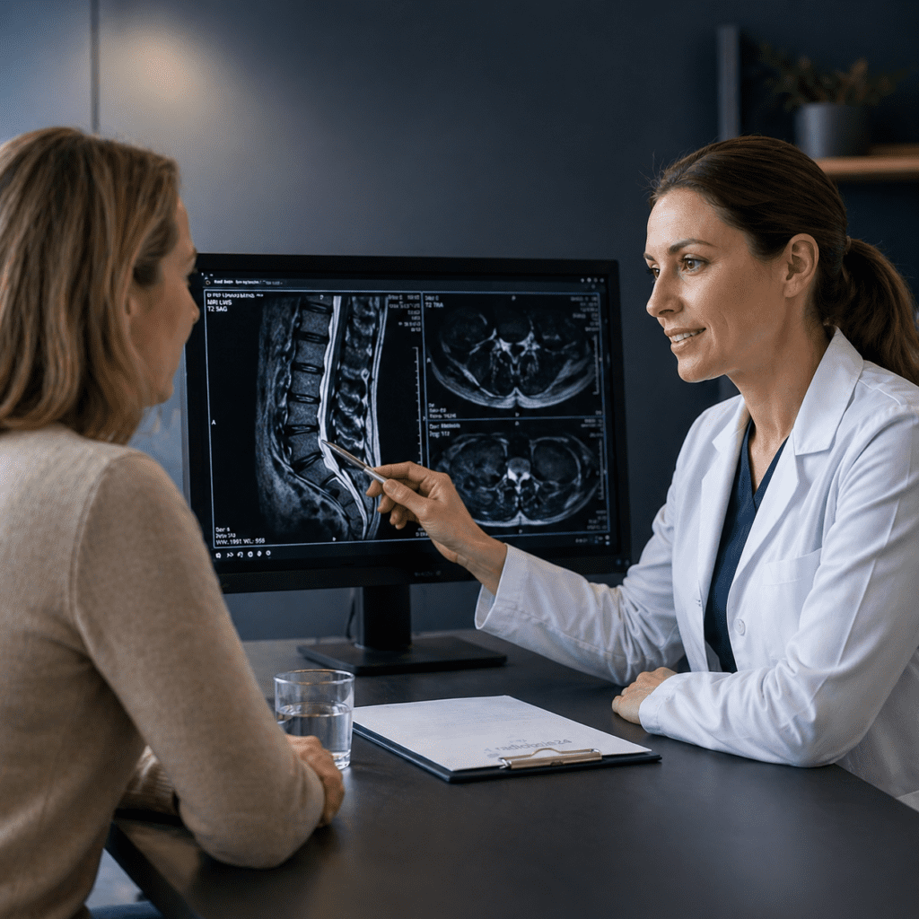 Radiologin erklärt Patientin MRI-Befund am Monitor im Rahmen einer Experten-Zweitmeinung