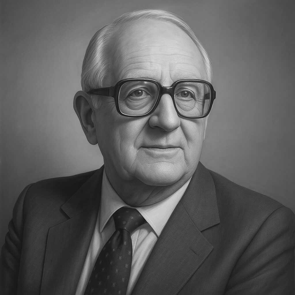William Stewart Alexander (1919–2013), britischer Radiologe – Porträt in Schwarz-Weiss mit Anzug, Krawatte und charakteristischer Brille, ruhiger Ausdruck.