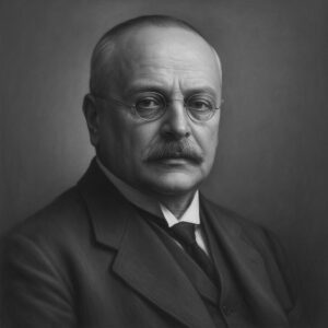 Porträt von Alois Alzheimer (1864–1915) in Schwarz-Weiss, halbseitig im Anzug mit Brille und Schnurrbart, neutraler Hintergrund, würdevoller Ausdruck.
