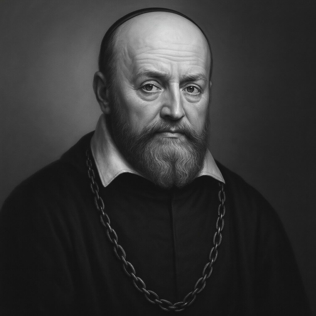 Porträt von Hieronymus Fabricius (1537–1619) in Schwarz-Weiss, mit Bart, Kette und dunklem Gewand im Stil der Spätrenaissance, ruhiger Ausdruck und neutraler Hintergrund.