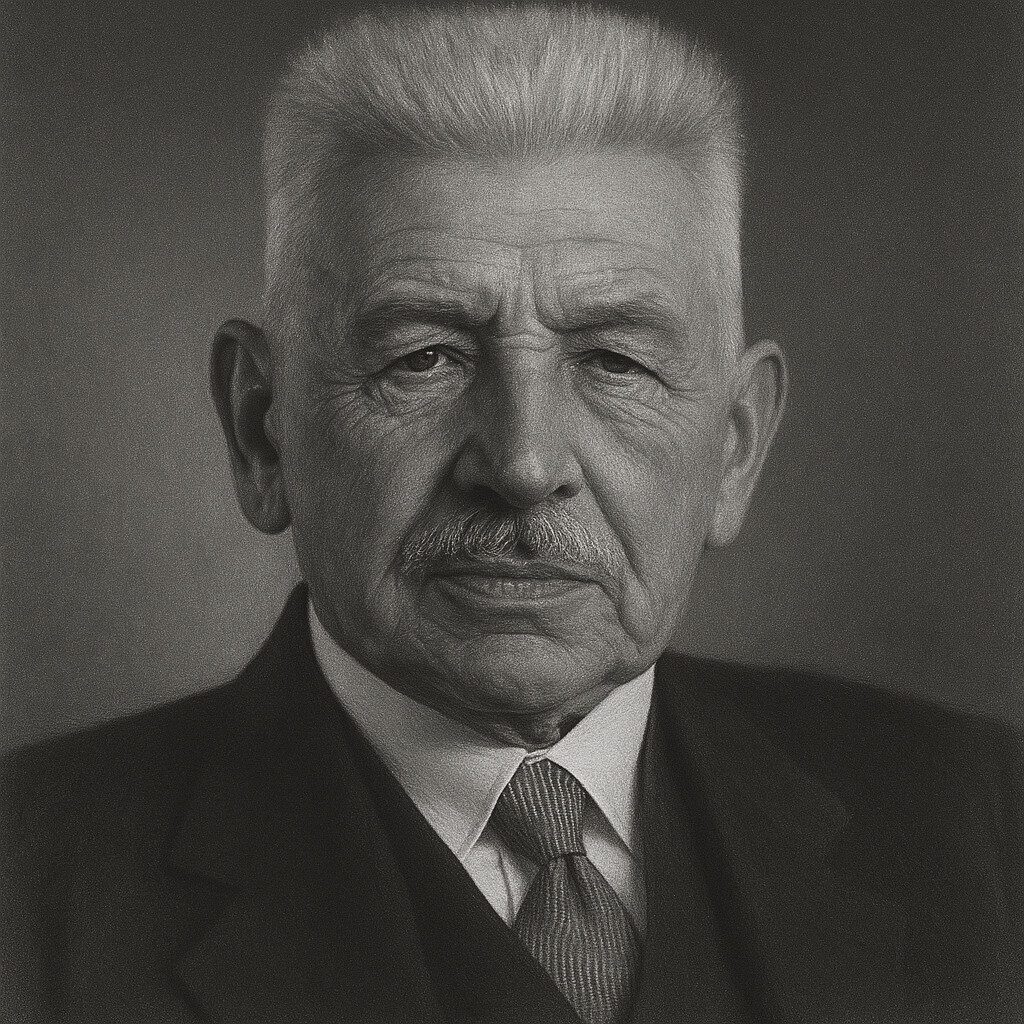 Porträt von Ludwig Aschoff (1866–1942) in Schwarz-Weiss, mit Schnurrbart, kurzem Haar, Anzug und Krawatte, ernster Blick, neutraler Hintergrund.