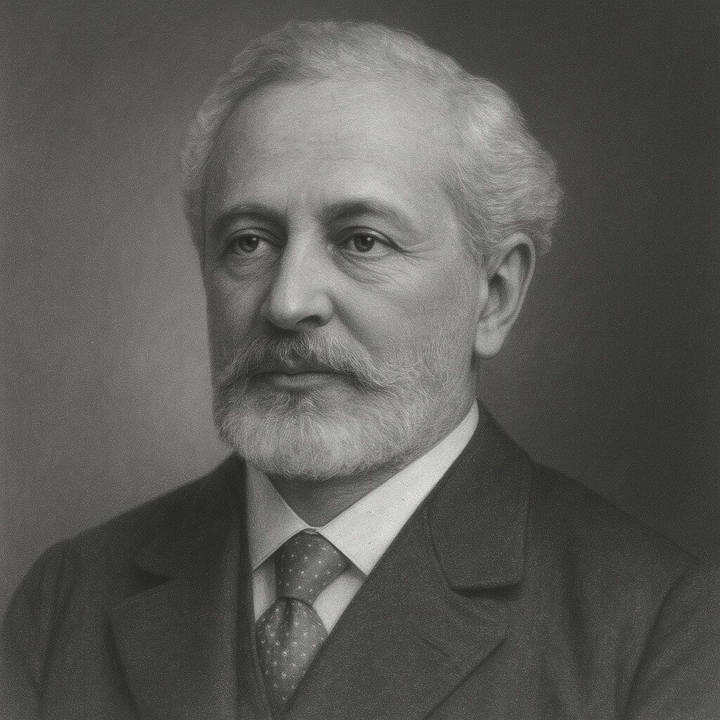 Porträt von Leopold Auerbach (1828–1897) in Schwarz-Weiss, mit hellem Haar, gepflegtem Bart, Anzug und Krawatte, in ruhiger Pose vor neutralem Hintergrund.