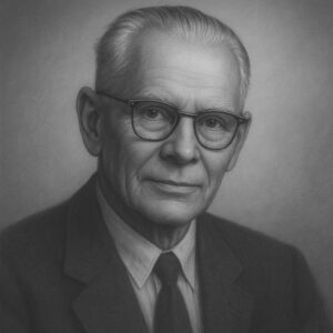 József Baló (1895–1979), ungarischer Pathologe und Entdecker der konzentrischen Sklerose, stilisiertes Schwarz-Weiss-Porträt im Wegbereiter-Stil.