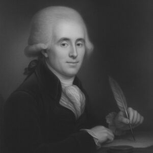 Jean-Louis Baudelocque (1745–1810), französischer Geburtshelfer und Pionier der Beckenmessung, stilisiertes Schwarz-Weiss-Porträt im Wegbereiter-Stil für radiologie24.ch.