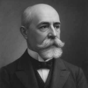 Antoine Henri Becquerel (1852–1908), französischer Physiker und Mitbegründer der Radioaktivitätsforschung, stilisiertes Schwarz-Weiss-Porträt im Wegbereiter-Stil für radiologie24.ch.