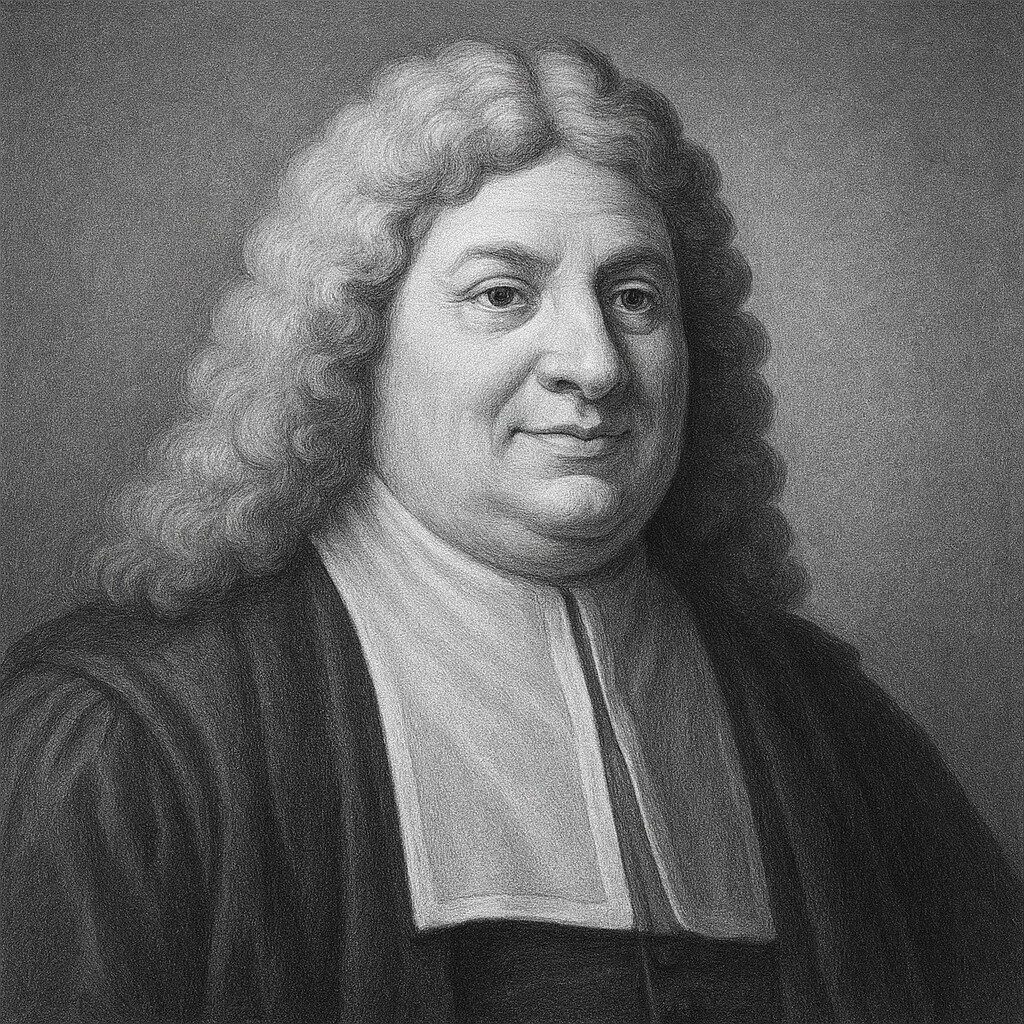 Portrait von Lorenzo Bellini (1643–1704) in Schwarz-Weiss, mit lockigem Haar, barocker Kleidung und neutralem Hintergrund – halb-realistischer 3D-Stil für radiologie24.ch.