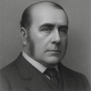Portrait von Edward Hallaran Bennet (1837–1907) in Schwarz-Weiss, mit viktorianischer Kleidung, Koteletten und ernstem Blick – semi-realistischer 3D-Stil auf neutralem Hintergrund.