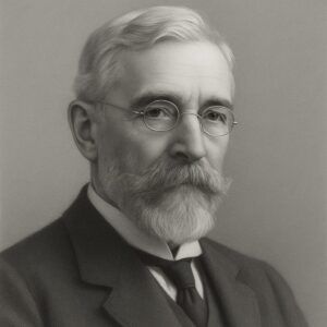Portrait von James Berry (1860–1946) in Schwarz-Weiss mit geglättetem Hintergrund, Brille, Bart und formeller Kleidung – digitaler semi-realistischer Stil, ohne Randartefakte.