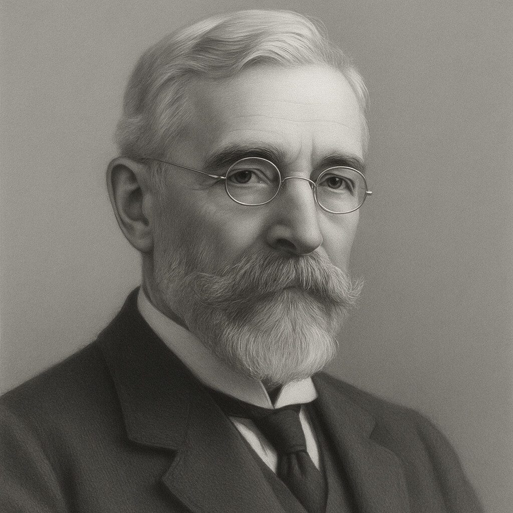 Portrait von James Berry (1860–1946) in Schwarz-Weiss mit geglättetem Hintergrund, Brille, Bart und formeller Kleidung – digitaler semi-realistischer Stil, ohne Randartefakte.
