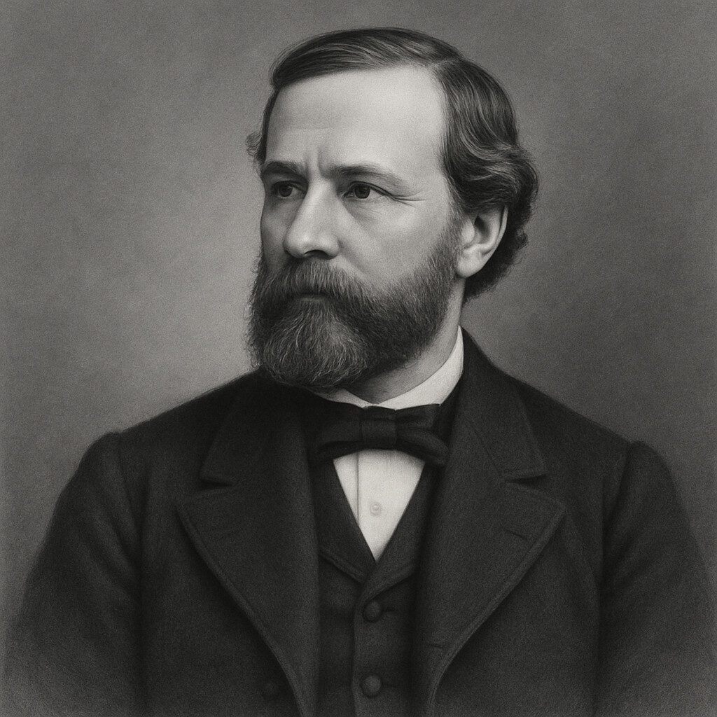 Porträt von Henry Jacob Bigelow (1818–1890), amerikanischer Chirurg, im Wegbereiter-Stil – schwarz-weiss, nach links blickend, mit Fliege und Anzug.
