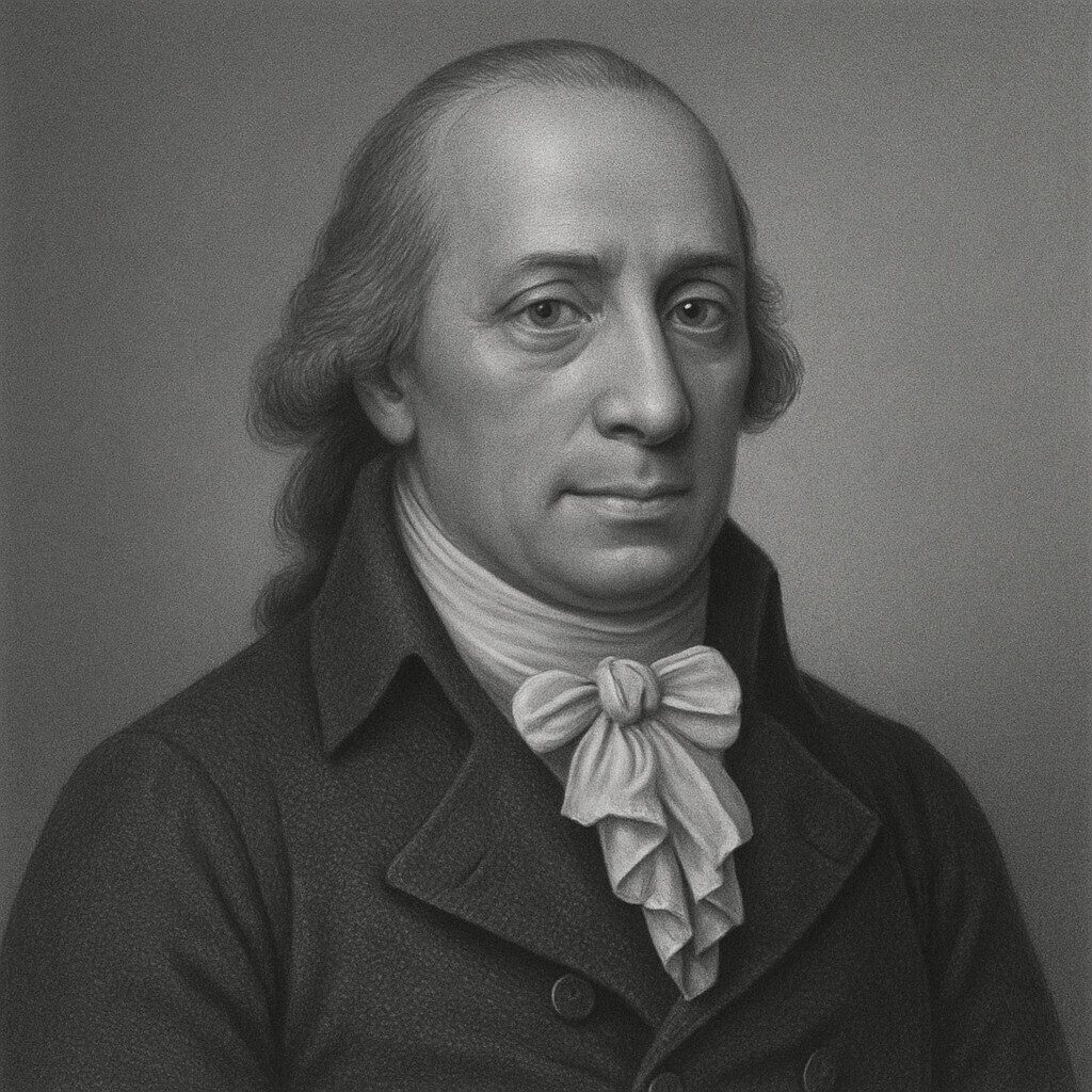 Johann Friedrich Blumenbach (1752–1840), schwarz-weiß Porträt mit Halstuch und Gehrock, Blick nach vorn, neutraler Hintergrund – Wegbereiter der Anthropologie und Medizin.