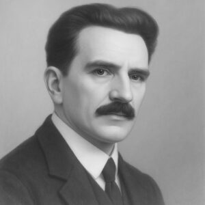 Helles Schwarz-Weiss-Porträt von André Bocage (1892–1953) im Wegbereiter-Stil mit glattem Hintergrund und ruhigem Ausdruck