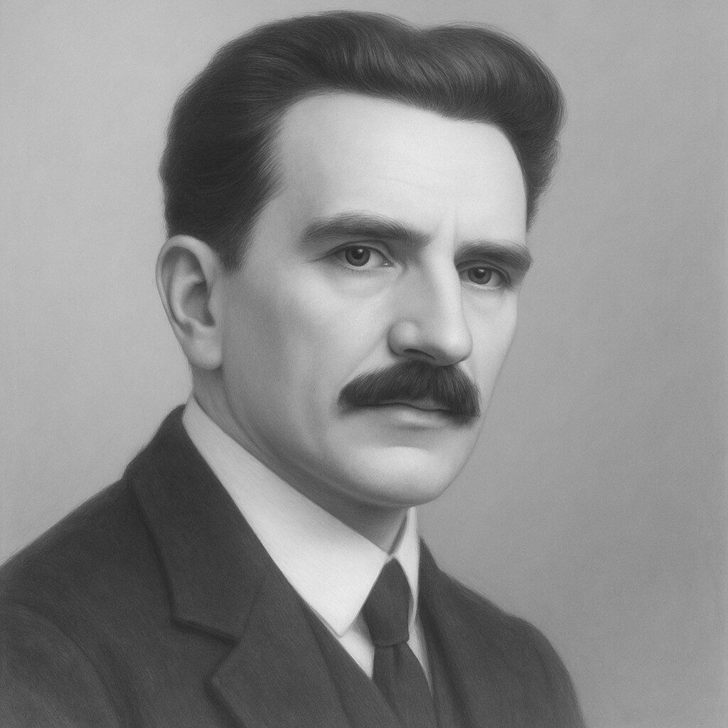 Helles Schwarz-Weiss-Porträt von André Bocage (1892–1953) im Wegbereiter-Stil mit glattem Hintergrund und ruhigem Ausdruck