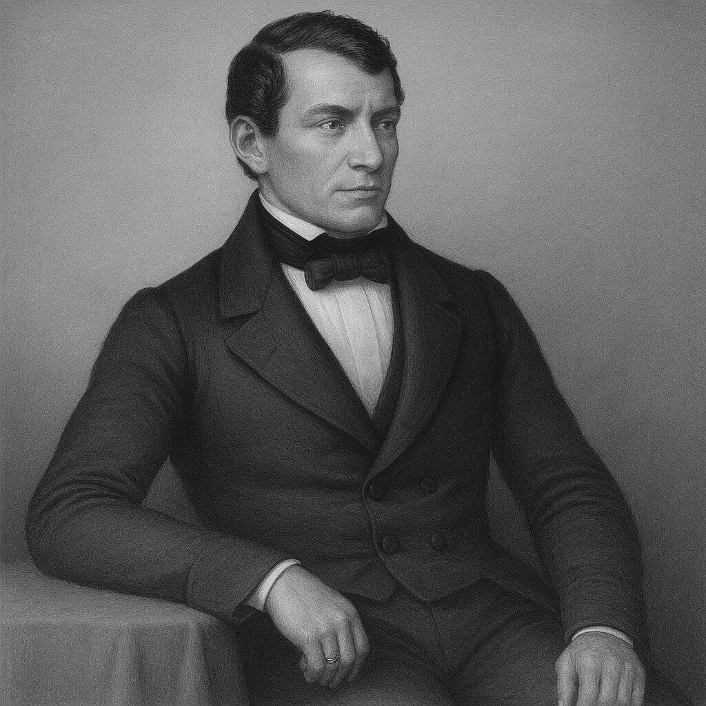 Porträt von Vincent Bochdalek (1801–1883) in Schwarz-Weiss im Wegbereiter-Stil, sitzend mit ruhigem Ausdruck und glattem Hintergrund