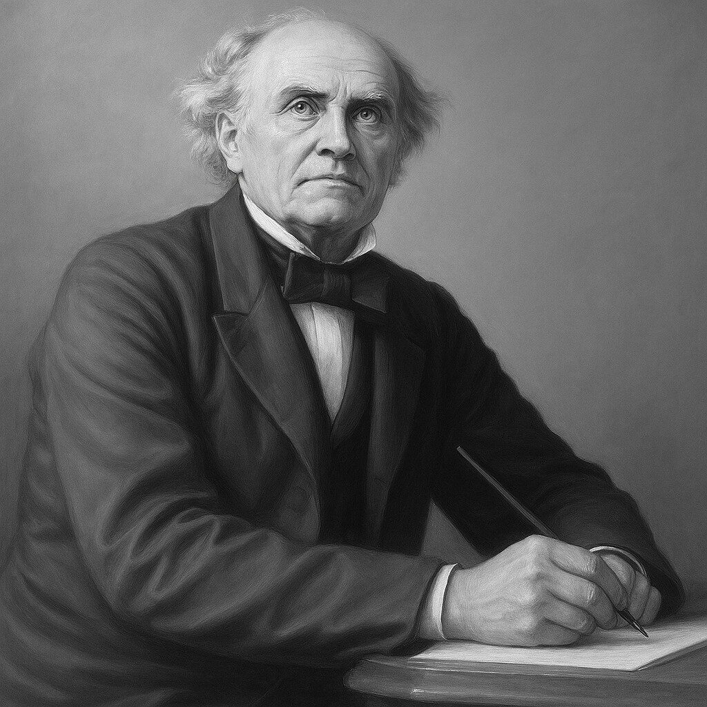 Porträt von Cæsar Peter Møller Boeck (1822–1901) im Wegbereiter-Stil: Schwarz-Weiss, mit ruhigem Ausdruck, am Schreibtisch sitzend