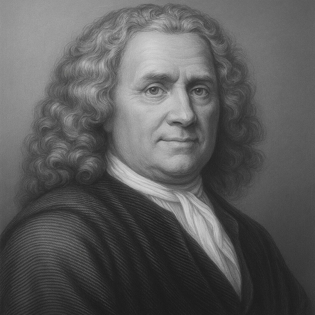 Porträt von Hermann Boerhaave (1668–1738) im Wegbereiter-Stil in Schwarz-Weiss mit lockigem Haar und würdevoller Ausstrahlung