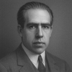 Porträt von Niels Bohr (1885–1962) im Wegbereiter-Stil in Schwarz-Weiss, mit neutralem Hintergrund und ruhigem Ausdruck