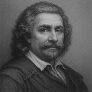 Porträt von Leonardo Botallo (ca. 1530–ca. 1600) im Wegbereiter-Stil in Schwarz-Weiss mit gelocktem Haar, historischem Gewand und neutralem Hintergrun