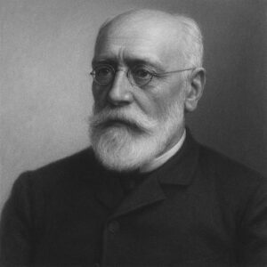 Porträt von Charles-Joseph Bouchard (1837–1915) im Wegbereiter-Stil in Schwarz-Weiss, mit Brille, Bart und neutralem Hintergrund
