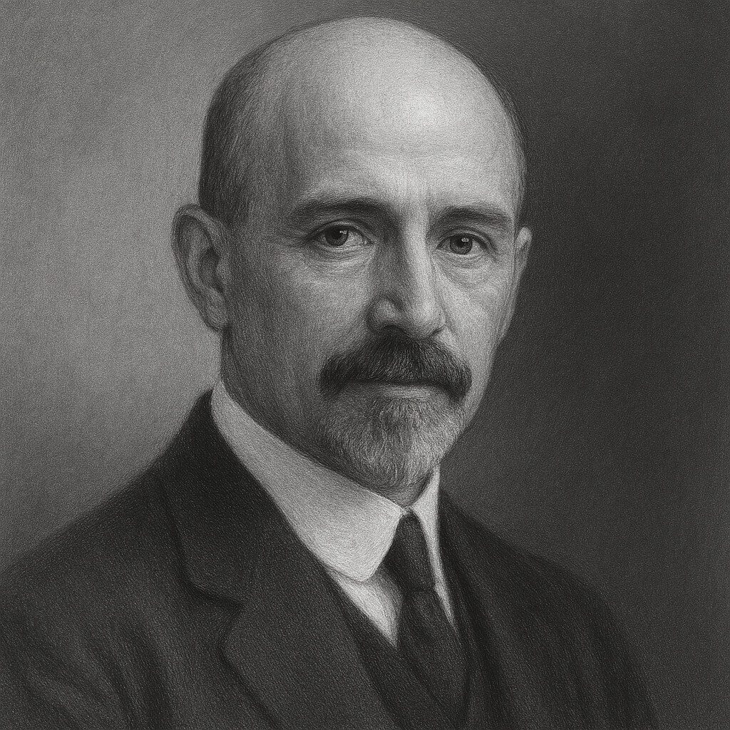 Porträt von Korbinian Brodmann (1868–1918) im Wegbereiter-Stil in Schwarz-Weiss, mit Anzug, Bart und neutralem Hintergrund
