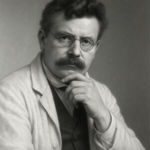 Helles Porträt von Max Brödel (1870–1941) im Wegbereiter-Stil in Schwarz-Weiss, mit Brille, Künstlerkittel und neutralem Hintergrund