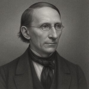 Porträt von Karl Wilhelm Ludwig Bruch (1819–1884) im Wegbereiter-Stil in Schwarz-Weiss, mit Brille, Krawattenschal und neutralem Hintergrund