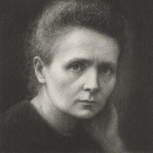 Bleistiftzeichnung von Marie Curie (1867–1934) mit feiner Schraffur, ernstem Blick und dunklem Hintergrund