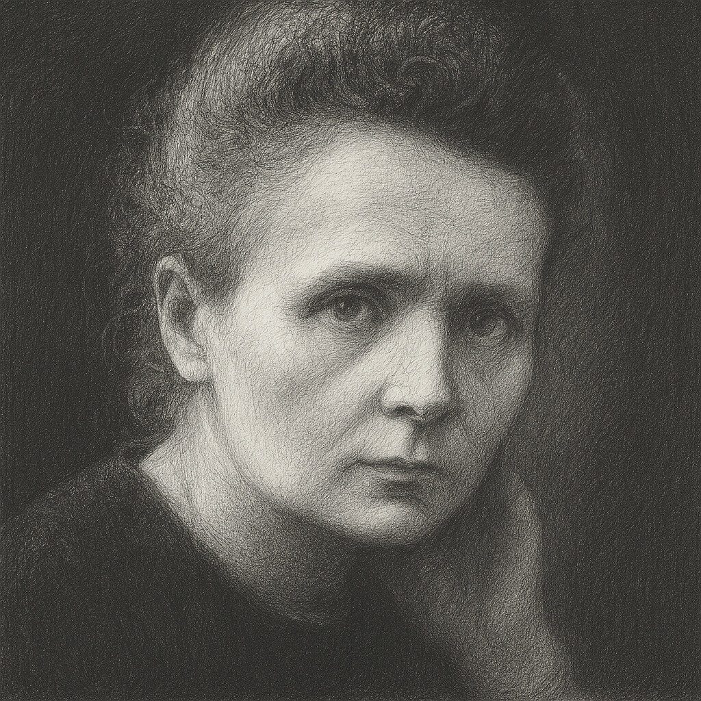 Bleistiftzeichnung von Marie Curie (1867–1934) mit feiner Schraffur, ernstem Blick und dunklem Hintergrund