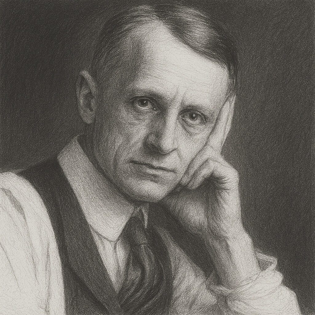 Bleistiftzeichnung von Harvey Williams Cushing (1869–1939) in nachdenklicher Pose mit dunklem Hintergrund und realistischen Details
