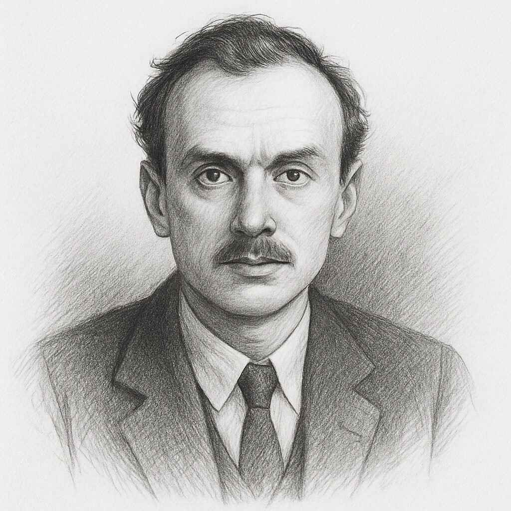 Porträtzeichnung von Paul Dirac (1902–1984), britischer Physiker und Mitbegründer der Quantenmechanik, als detailreiches Bleistiftbild im klassischen Stil, quadratisch, schwarz-weiß, neutraler Hintergrund.