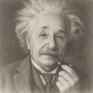 Realistische Bleistiftzeichnung von Albert Einstein mit Pfeife – klassische Schwarz-Weiß-Darstellung im Atelierstil