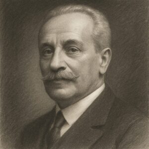 Porträt von Dumitru Gerota im klassischen Bleistiftstil mit feiner Schraffur, dunklem Hintergrund und würdevoller Ausstrahlung.