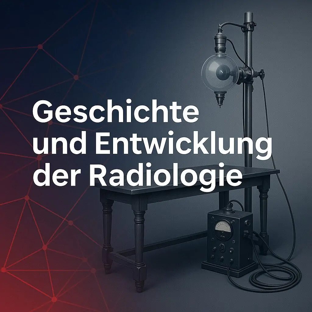 Historische Röntgenapparatur mit moderner Bildgestaltung – Titel „Geschichte und Entwicklung der Radiologie“ vor Netzwerk-Hintergrund