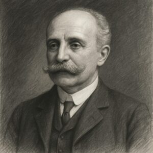 Porträt von Camillo Golgi im klassischen Bleistiftstil mit feiner Schraffur, dunklem Hintergrund und charakteristischem Schnurrbart.