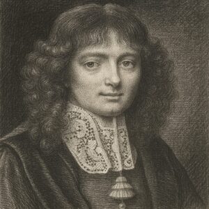Porträt von Regnier de Graaf (1641–1673) im klassischen Bleistiftstil mit barockem Kragen, feiner Schraffur und dunklem Hintergrund.
