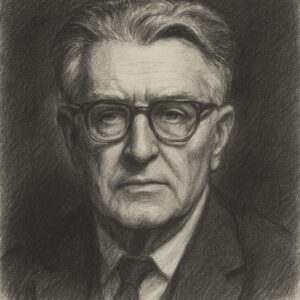 Porträt von Louis Harold Gray (1905–1965) im klassischen Bleistiftstil mit Brille, feiner Schraffur und dunklem Hintergrund.