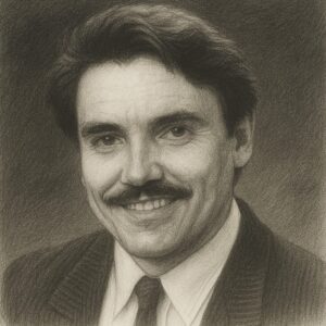 Porträt von Andreas Grüntzig im klassischen Bleistiftstil mit feiner Schraffur, würdevoller Ausstrahlung und dezentem Hintergrund.