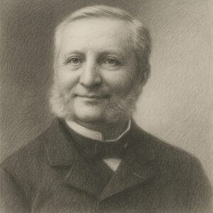 Realistisches Bleistiftporträt von Jean-Casimier Guyon (1831–1920) mit freundlichem Ausdruck, gezeichnet in klassischem Atelierstil mit feiner Schraffur und dezentem Hintergrund.