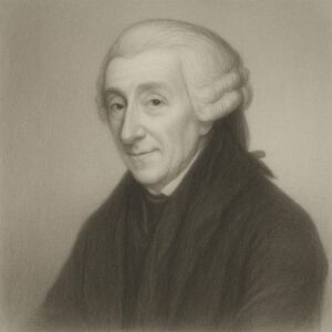 William Heberden (1710–1801) als Atelierporträt in Bleistiftzeichnung mit Perücke, feiner Schraffur und hellem Hintergrund.