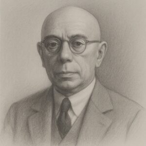 Gustav Hertz Porträt als realistische Bleistiftzeichnung in Schwarz-Weiß mit feiner Schraffur und geglättetem Atelierhintergrund