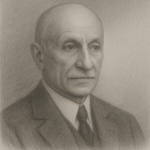 Realistische Bleistiftzeichnung von Heinrich Hilgenreiner mit Anzug und ruhigem Ausdruck vor hellem Atelierhintergrund.