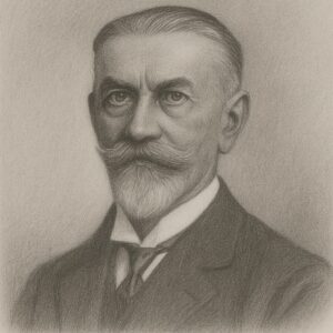 Realistisches Bleistiftporträt von Eugen von Hippel mit Schnurr- und Kinnbart, gezeichnet in feiner Ateliertechnik mit hellem Hintergrund.