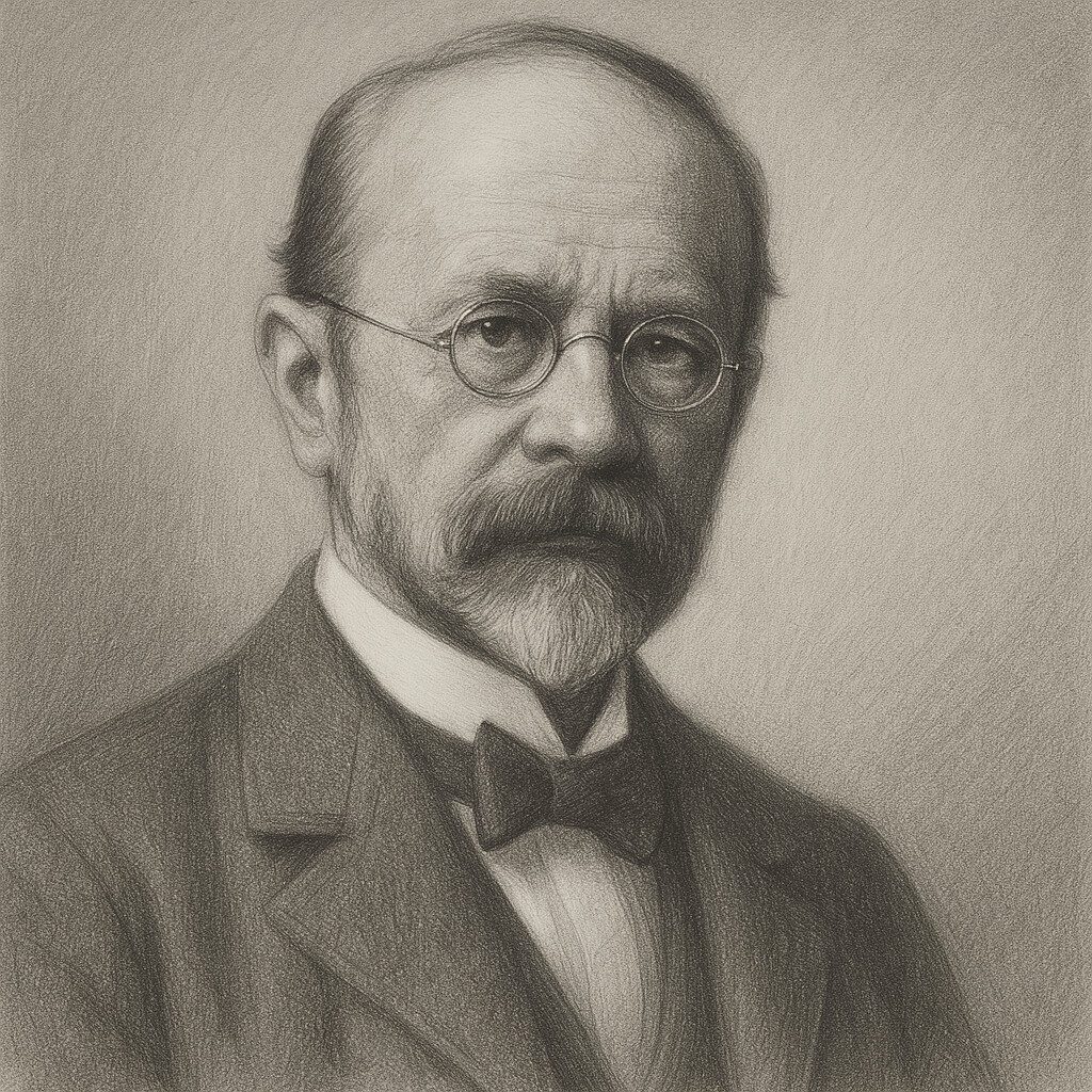 Realistisches Bleistiftporträt von Wilhelm His (1831–1904) mit Brille, Anzug und Fliege vor neutralem Atelierhintergrund.