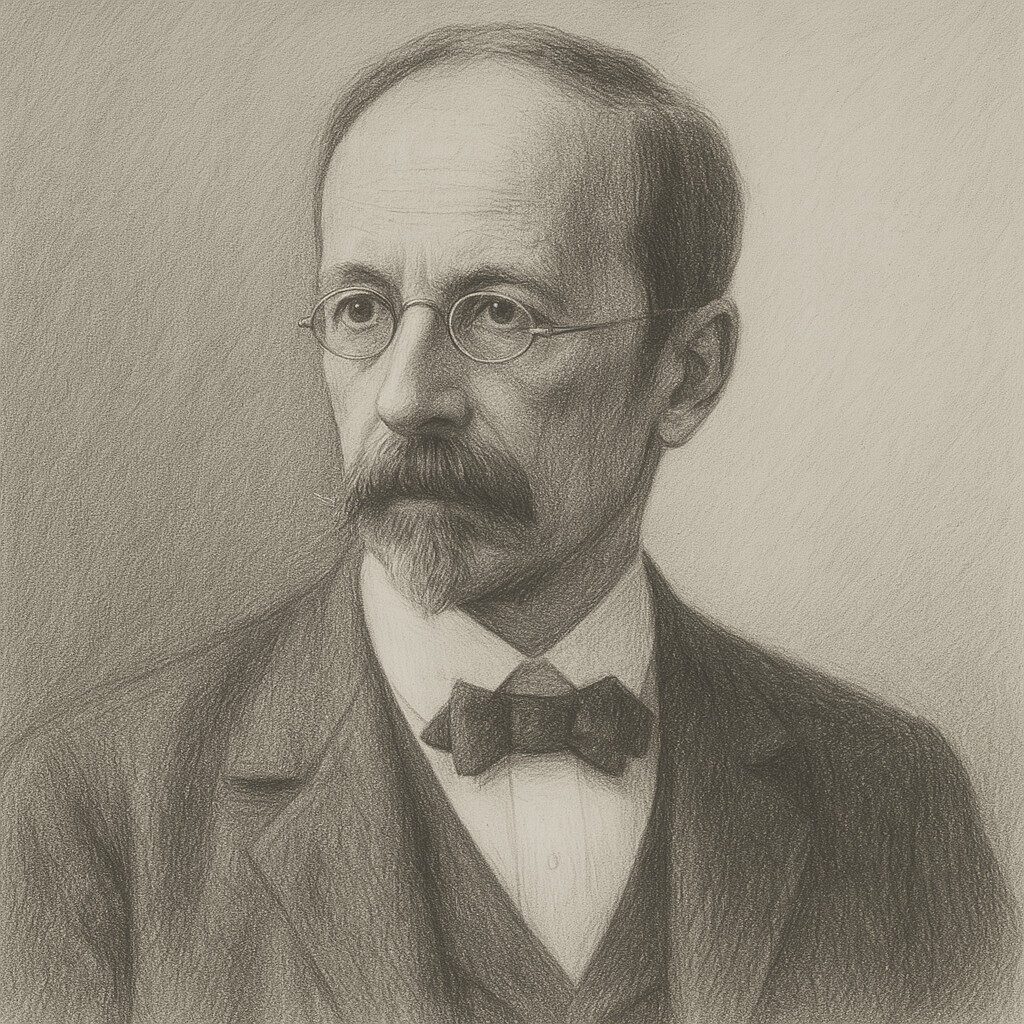 Realistisches Bleistiftporträt von Wilhelm His d. J. (1863–1934) mit Brille, Anzug und Fliege vor hellem Atelierhintergrund in Graustufen.