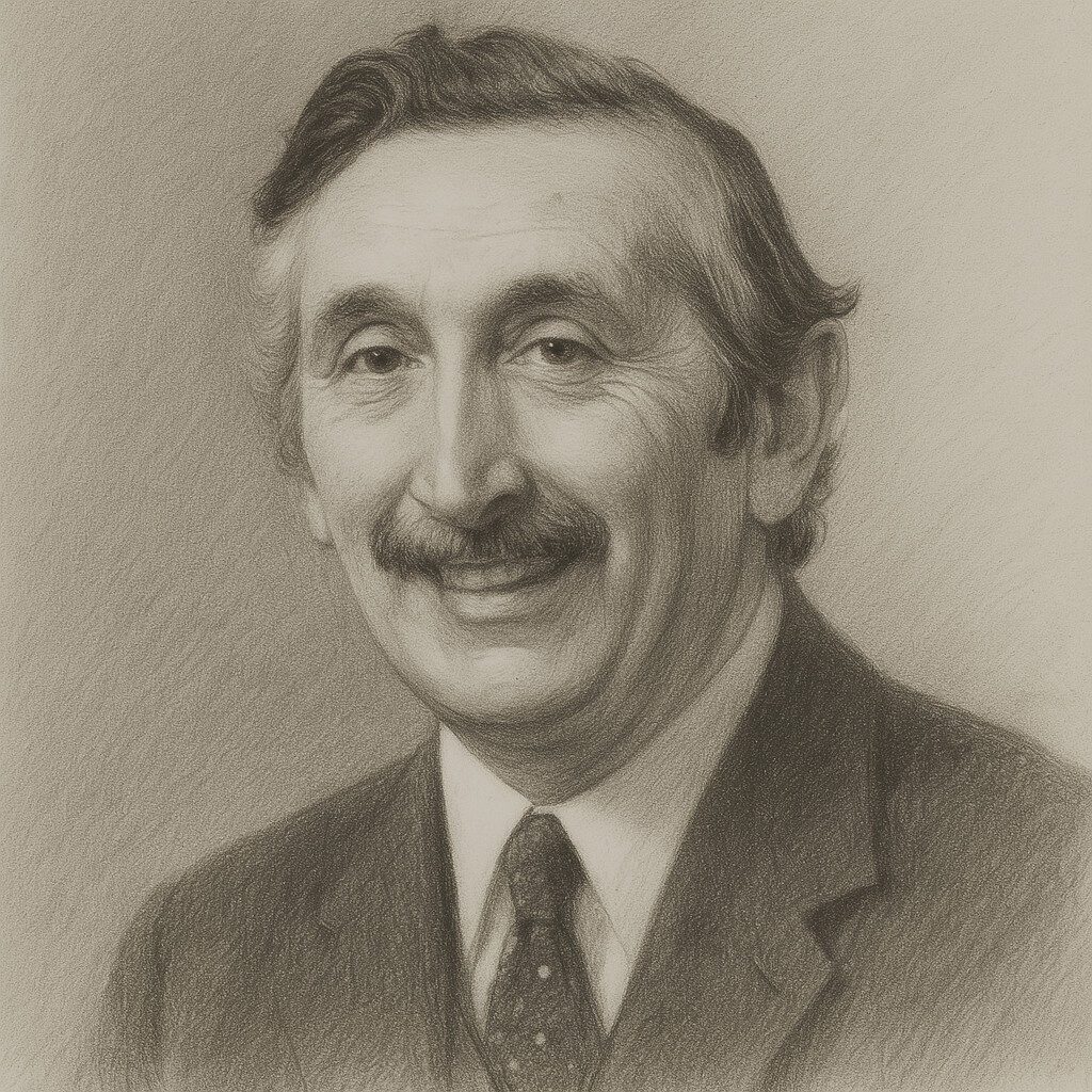 Realistisches Bleistiftporträt von Godfrey Hounsfield, dem Erfinder der CT, in feiner Schraffur vor Atelierhintergrund.