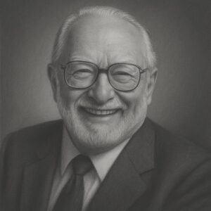 Porträtzeichnung Paul Christian Lauterbur in Schwarz-Weiss, realistisch im Atelierstil mit dunklem Hintergrund, lächelnd, Brille und Anzug.