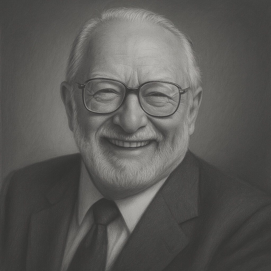 Porträtzeichnung Paul Christian Lauterbur in Schwarz-Weiss, realistisch im Atelierstil mit dunklem Hintergrund, lächelnd, Brille und Anzug.
