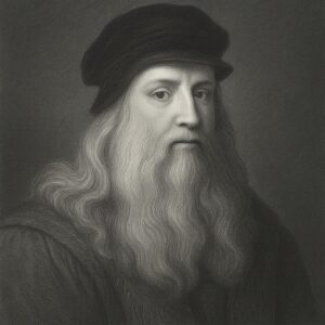 Porträt von Leonardo da Vinci als Bleistiftzeichnung in Schwarz-Weiss, klassischer Stil, würdevoller Ausdruck, neutraler Hintergrund